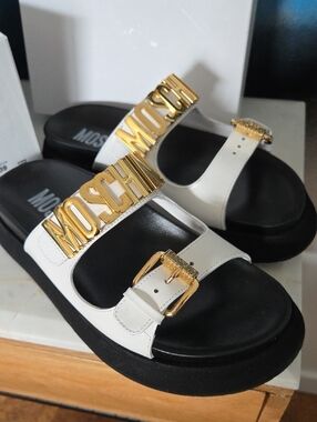 Moschino White and Black Leather Logo Buckle Slide Sandals